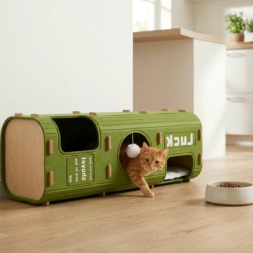 arbre à chat ultra design extérieur horizontal avec chat roux sortant d’une niche moderne