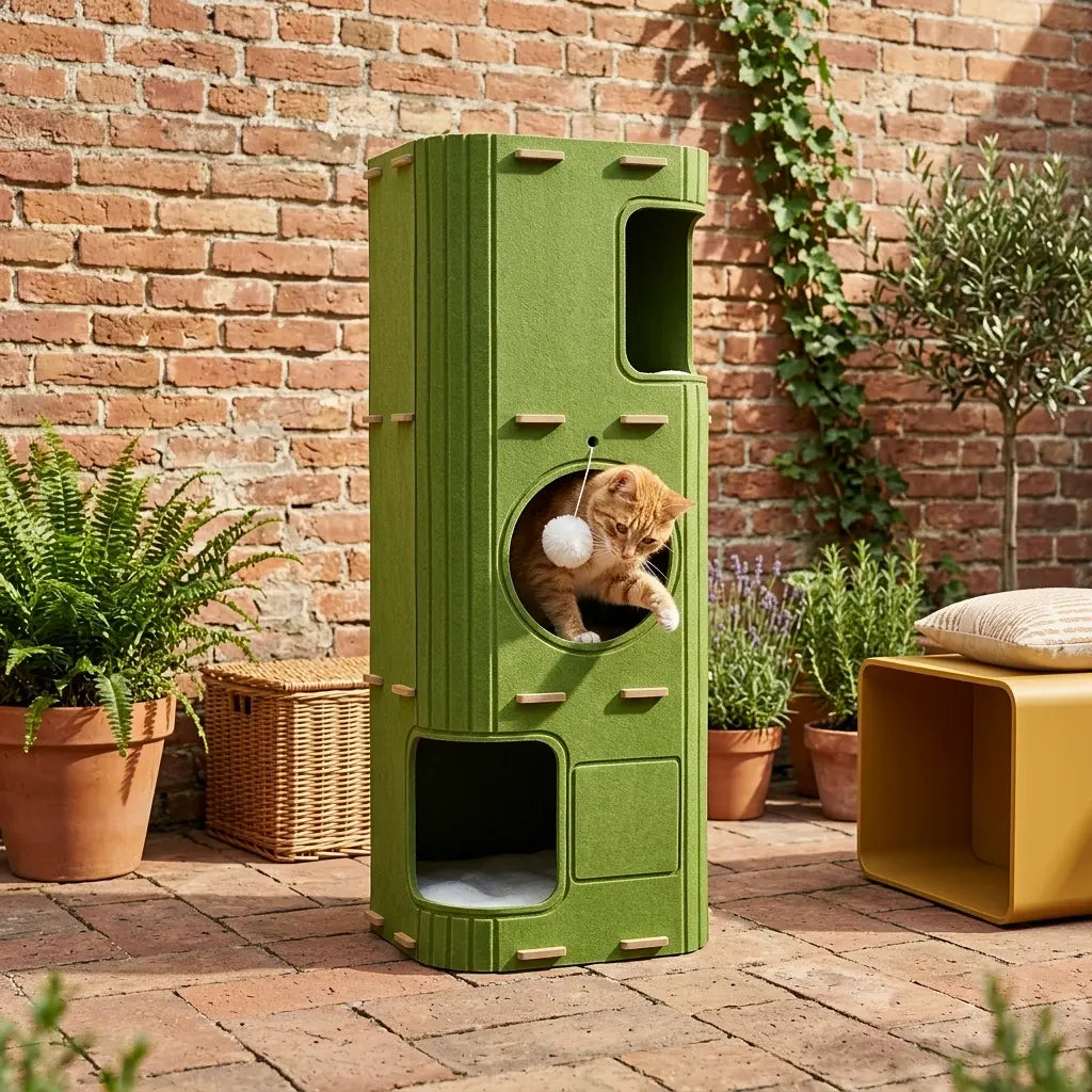 arbre à chat ultra design extérieur installé dans un jardin avec plusieurs niches pour chat