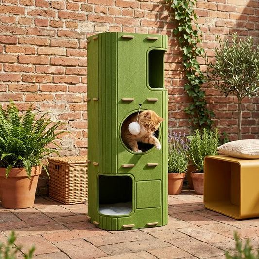 arbre à chat ultra design extérieur installé dans un jardin avec plusieurs niches pour chat