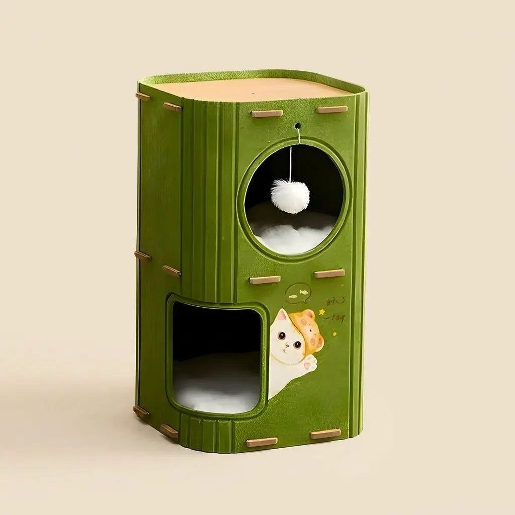 arbre à chat ultra design extérieur vert avec niches intégrées et espace de repos pour chat