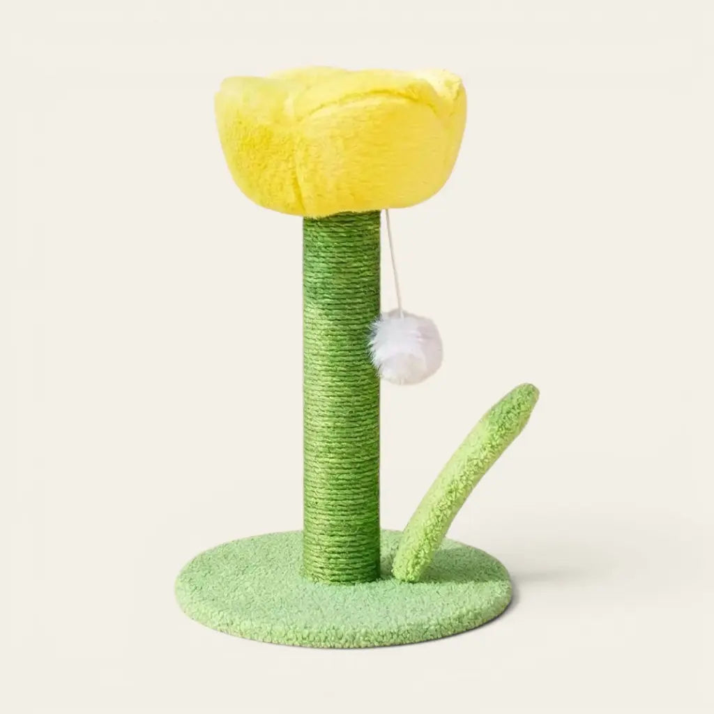 Arbre à chat design fleur jaune avec griffoir en sisal naturel et balle de jeu suspendue pour chat