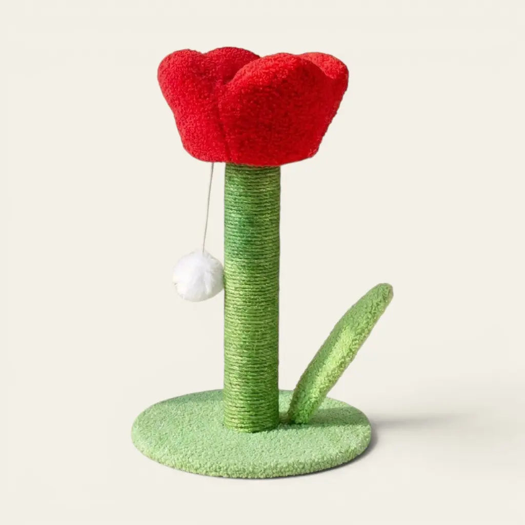 Arbre à chat design fleur rouge décoratif avec griffoir en sisal et jouet suspendu pour stimuler le chat