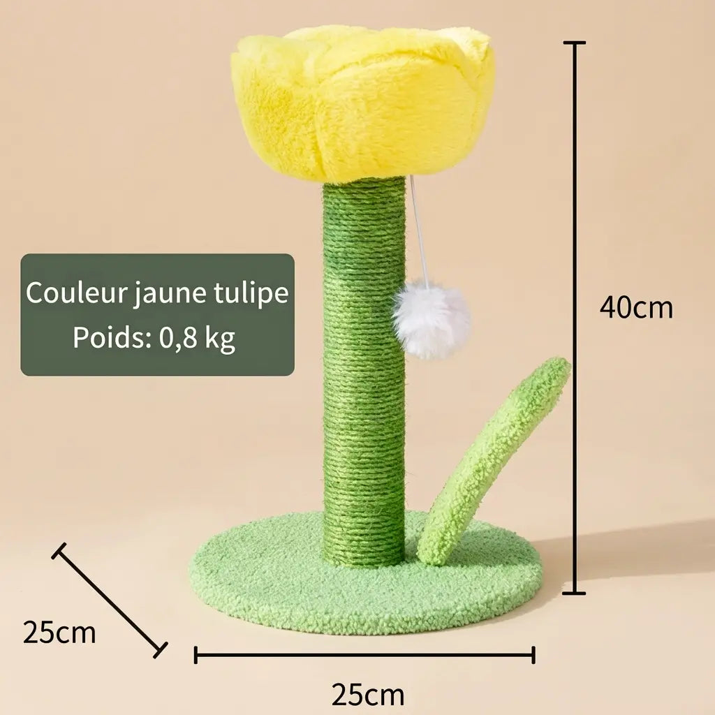 arbre à chat design fleurs jaune tulipe avec poteau griffoir et balle suspendue pour chat