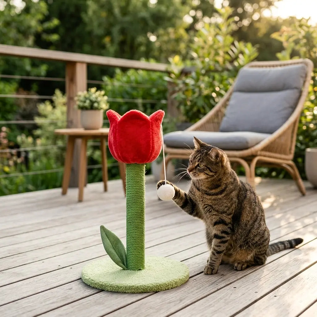 arbre à chat design interactif avec jouet suspendu et chat en train de jouer