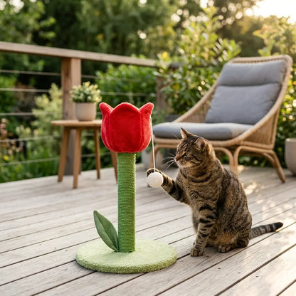 arbre à chat design interactif avec jouet suspendu et chat en train de jouer
