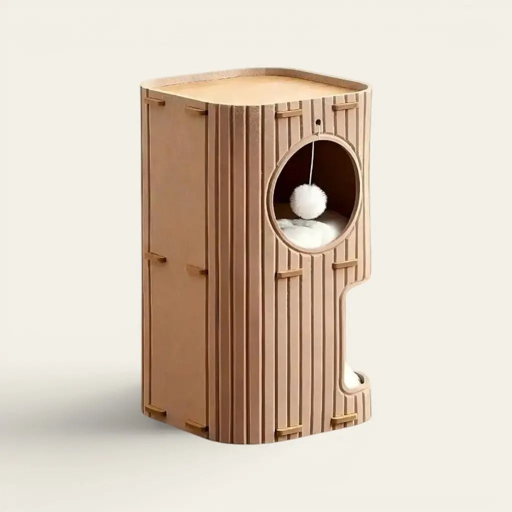 Arbre à chat design moderne avec couchages intégrés, cachettes cosy et esthétique minimaliste pensée pour les chats et la décoration