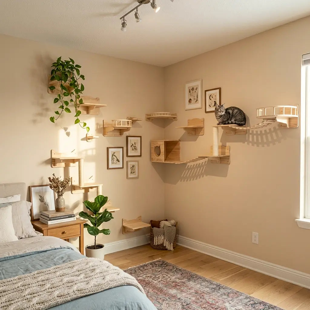 arbre à chat design mural installé dans une chambre avec plateformes niches et parcours mural en bois