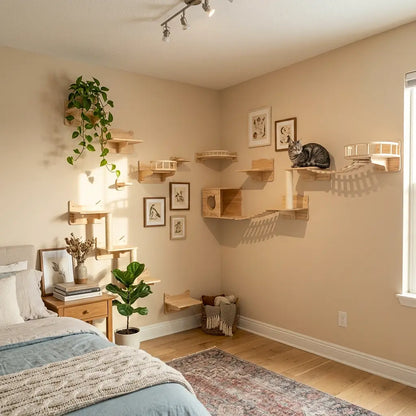 arbre à chat design mural installé dans une chambre avec plateformes niches et parcours mural en bois