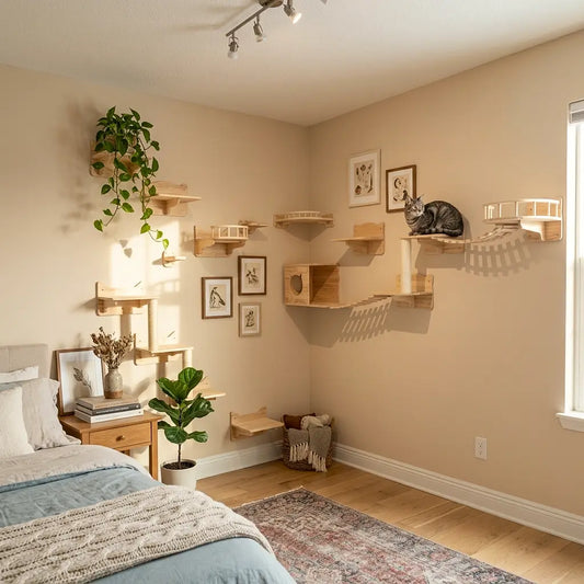 arbre à chat design mural installé dans une chambre avec plateformes niches et parcours mural en bois