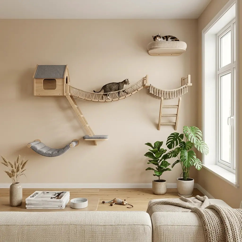 arbre à chat design mural complet avec niche hamac pont suspendu escalier et couchage mural