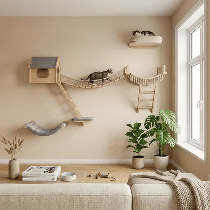 arbre à chat design mural complet avec niche hamac pont suspendu escalier et couchage mural