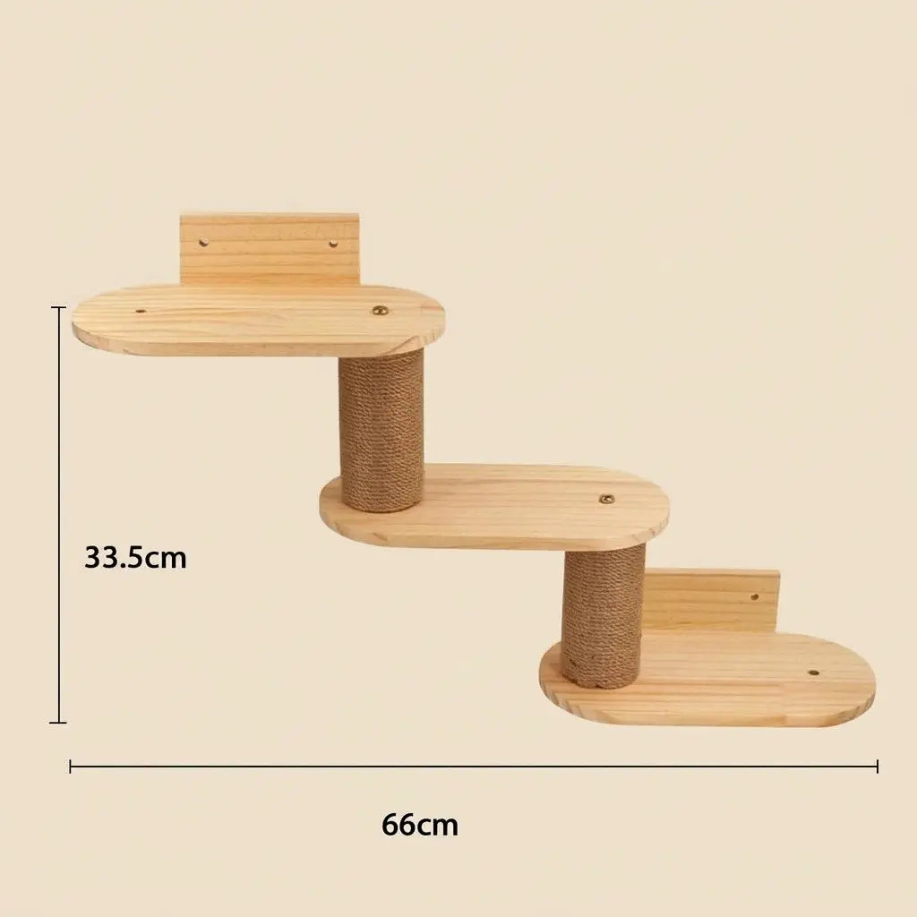 arbre à chat design mural avec escalier mural en bois et poteaux griffoirs en sisal