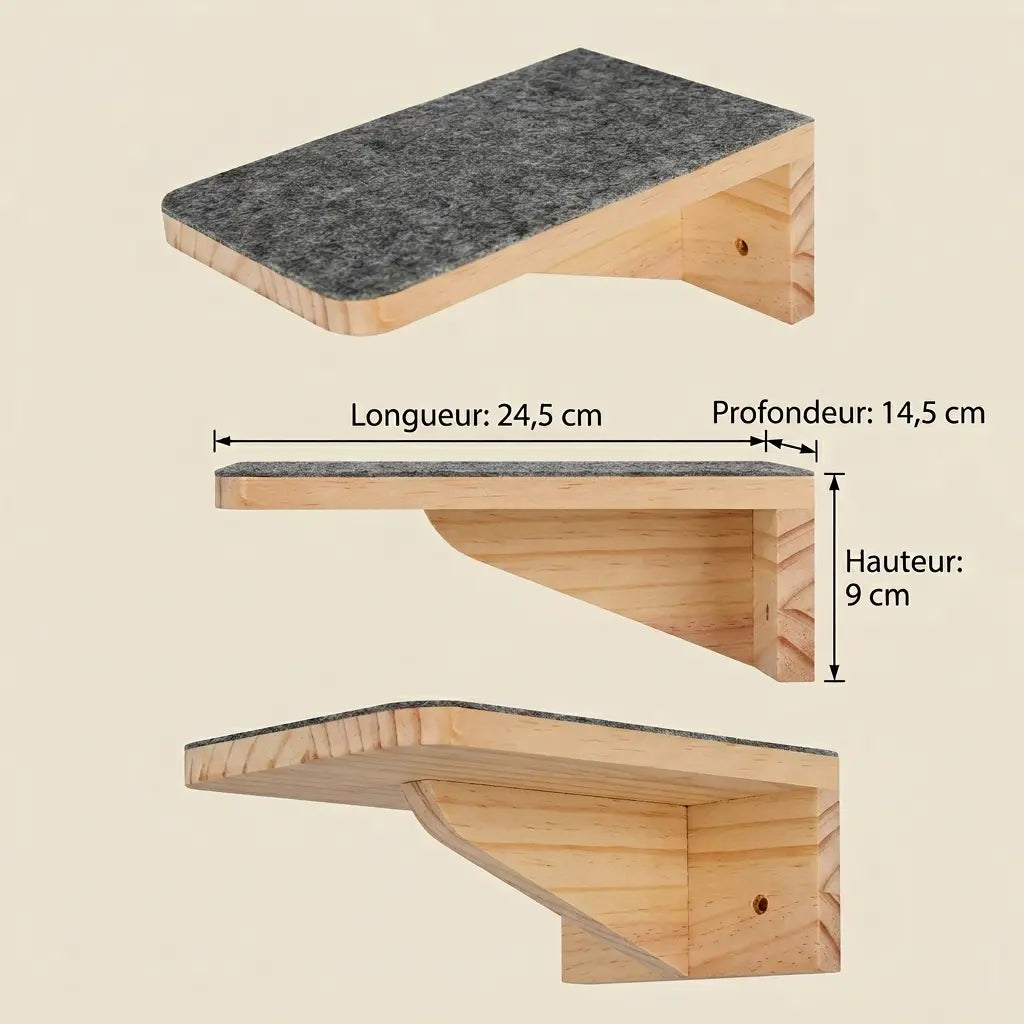 arbre à chat design mural avec étagère murale en bois et revêtement feutrine gris