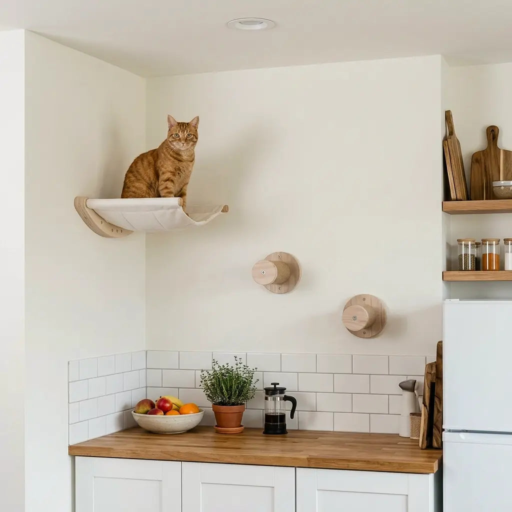 arbre à chat design mural avec hamac mural blanc et plateformes rondes en bois