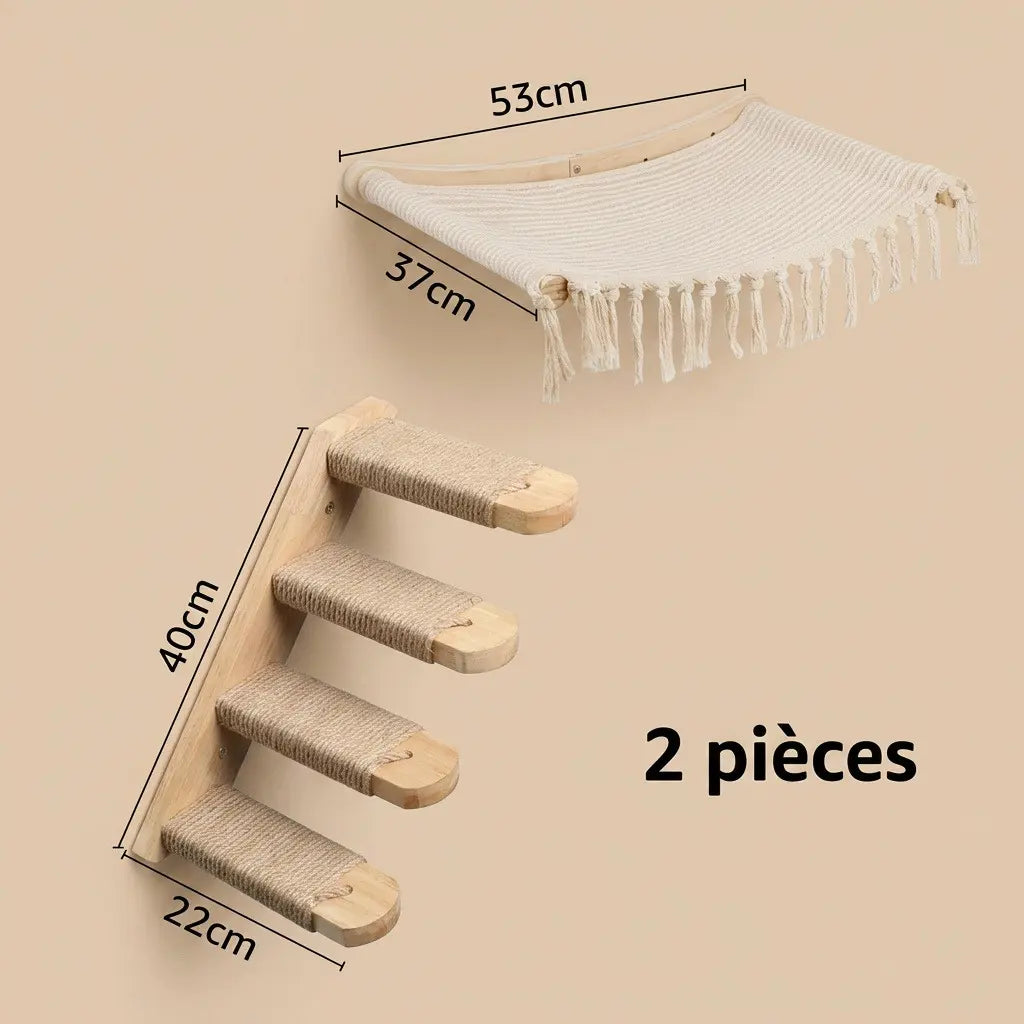 arbre à chat design mural avec hamac mural macramé et escalier mural en sisal