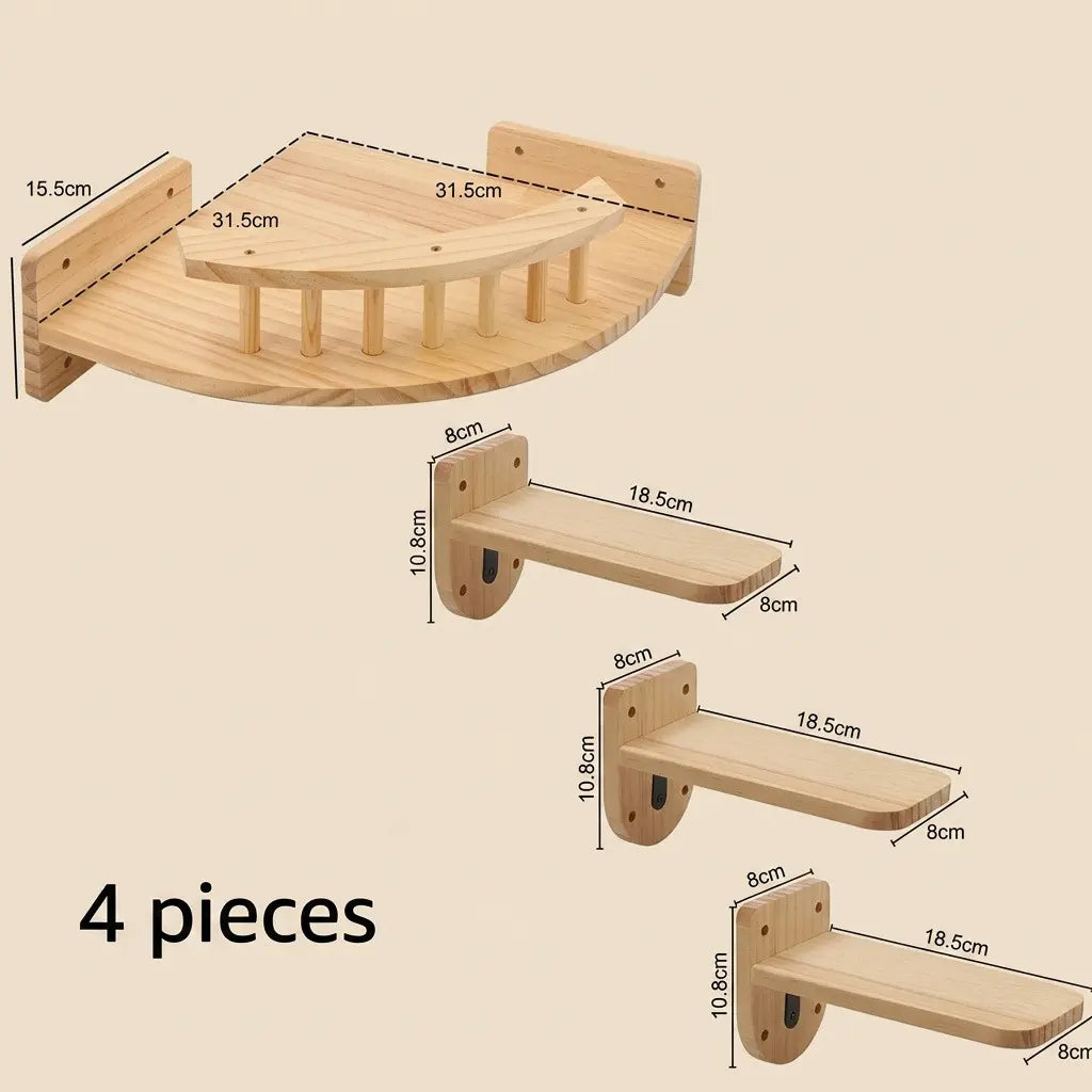 arbre à chat design mural avec plateforme d'angle et petites étagères murales en bois