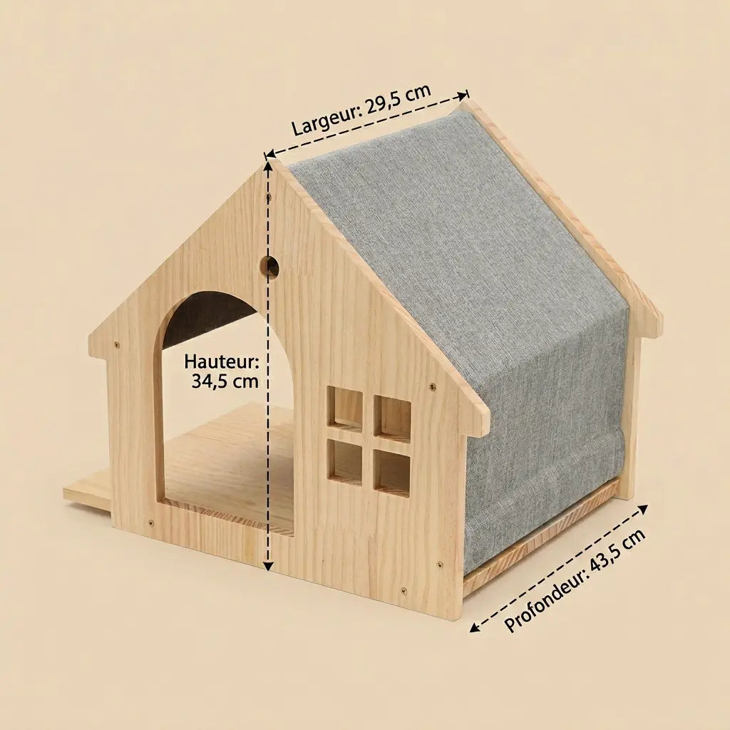 arbre à chat design mural avec niche murale en bois forme maison et toit en tissu gris