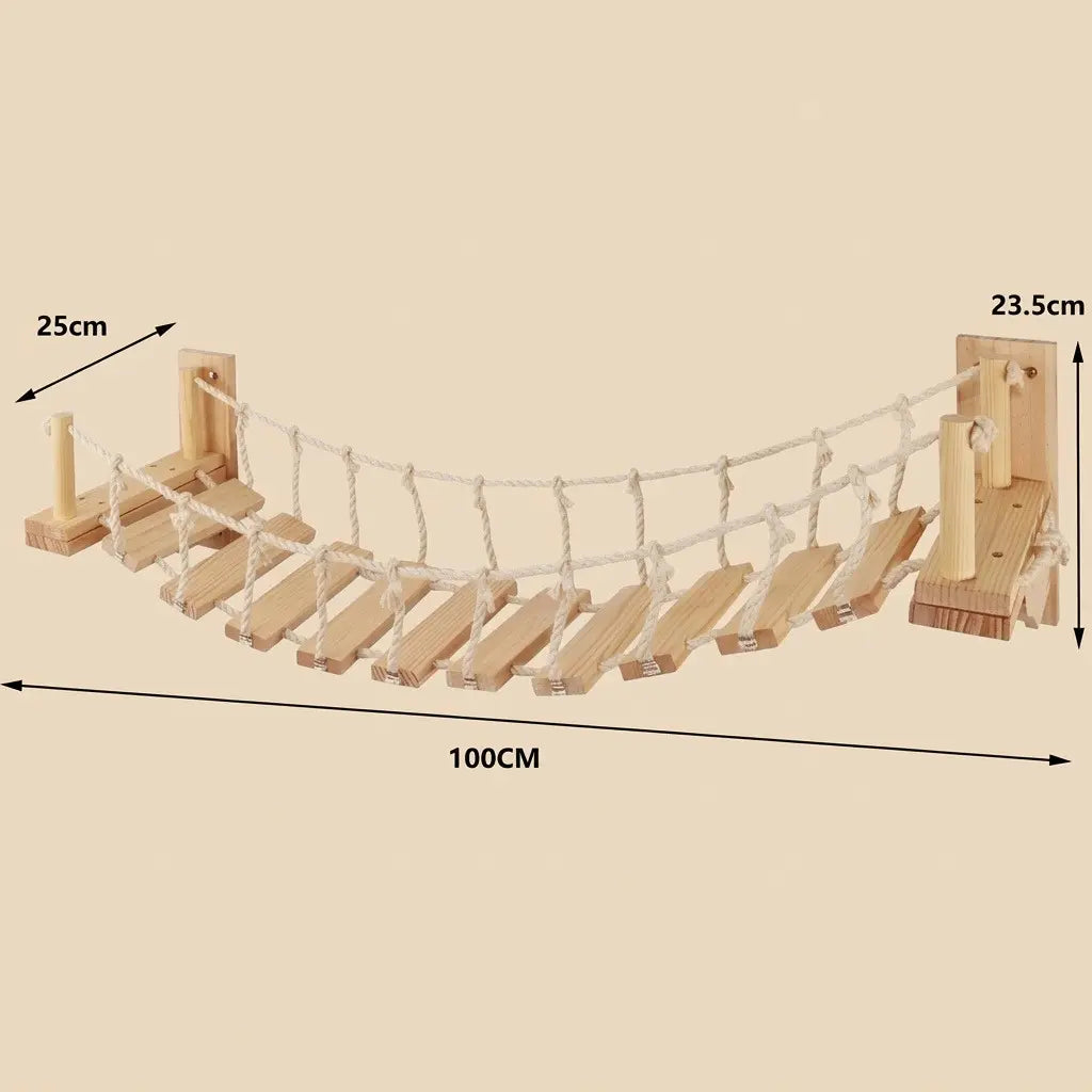 arbre à chat design mural avec pont suspendu en bois pour parcours mural