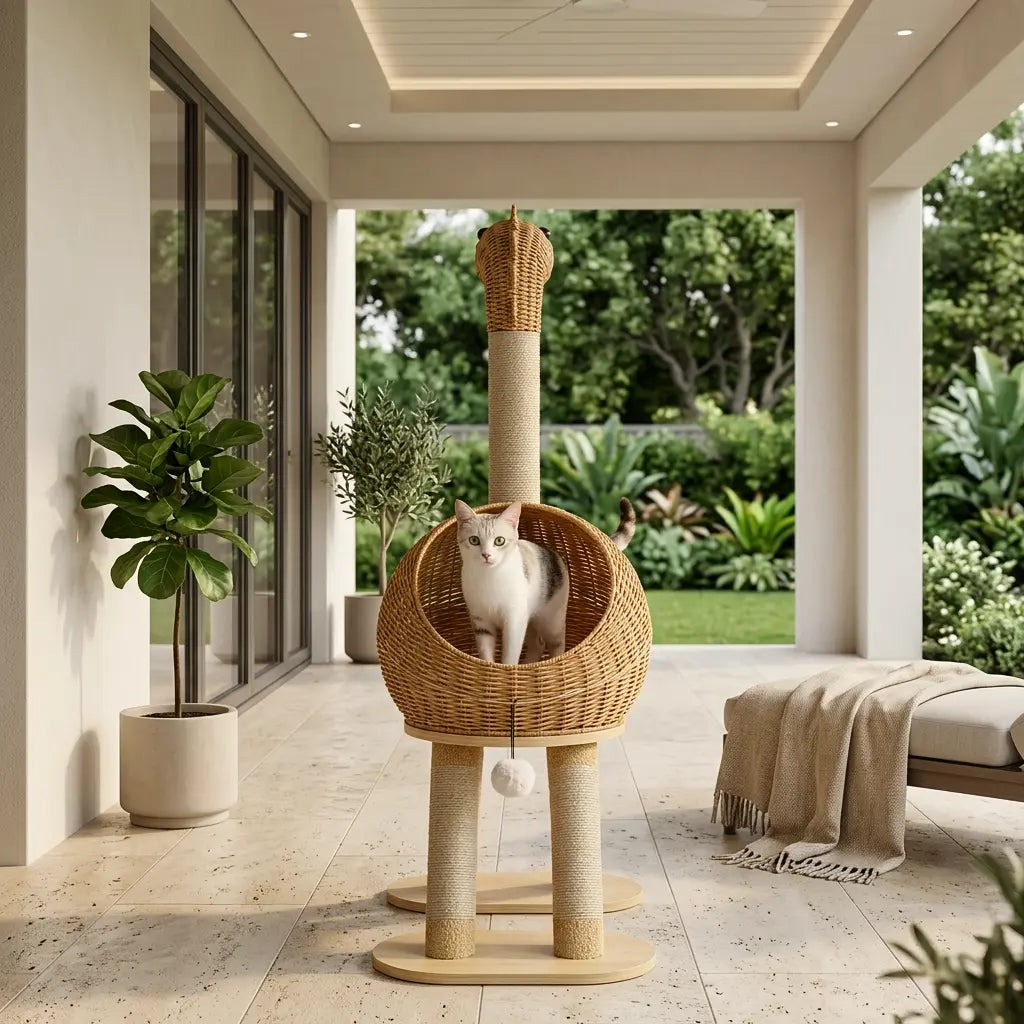 arbre à chat design en osier installé sur une terrasse extérieure moderne