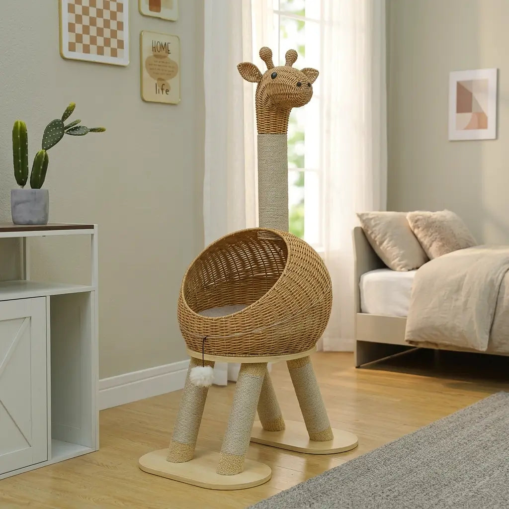 arbre à chat design en osier dans un salon avec chat installé dans le panier