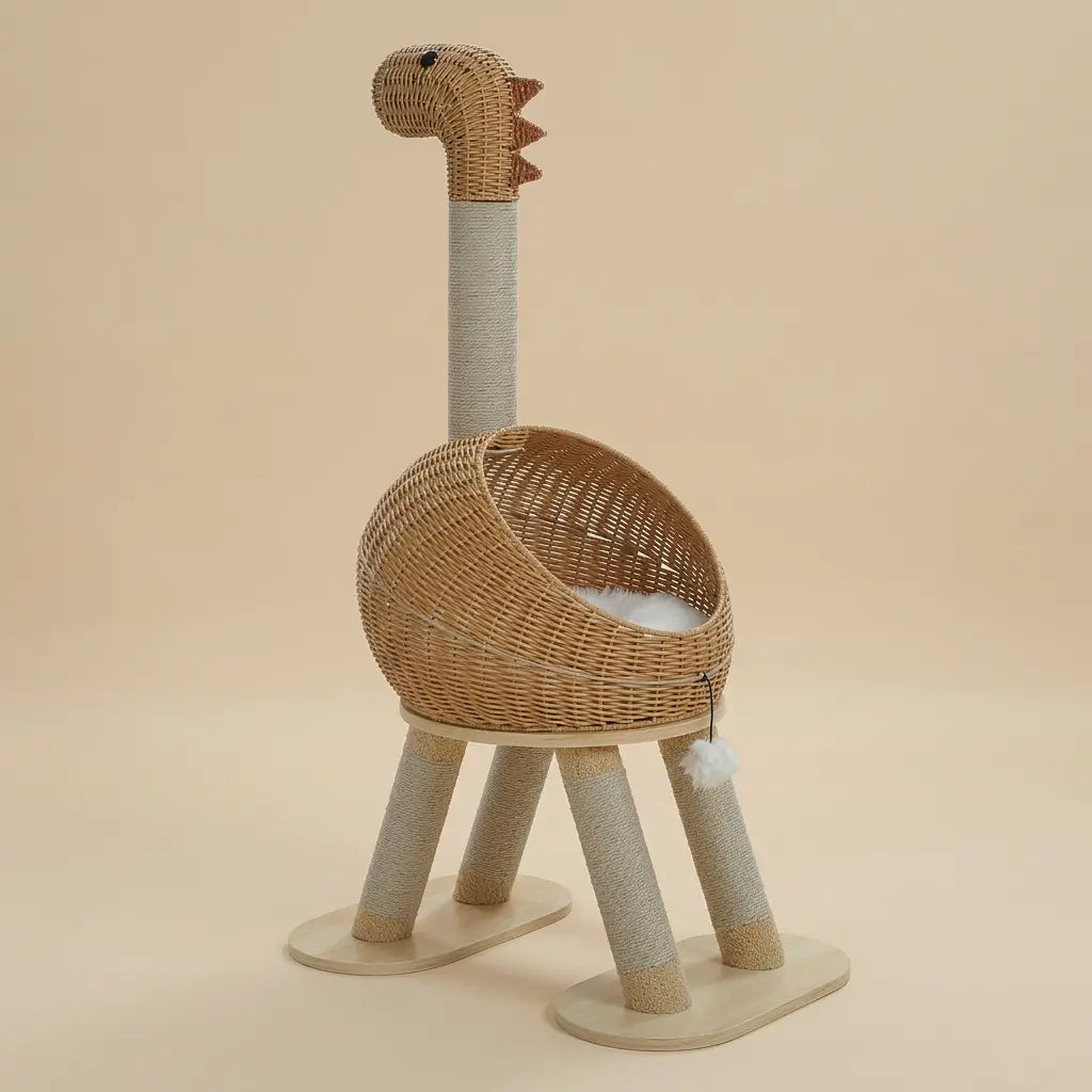 arbre à chat design en osier forme originale avec panier rond et poteaux en sisal