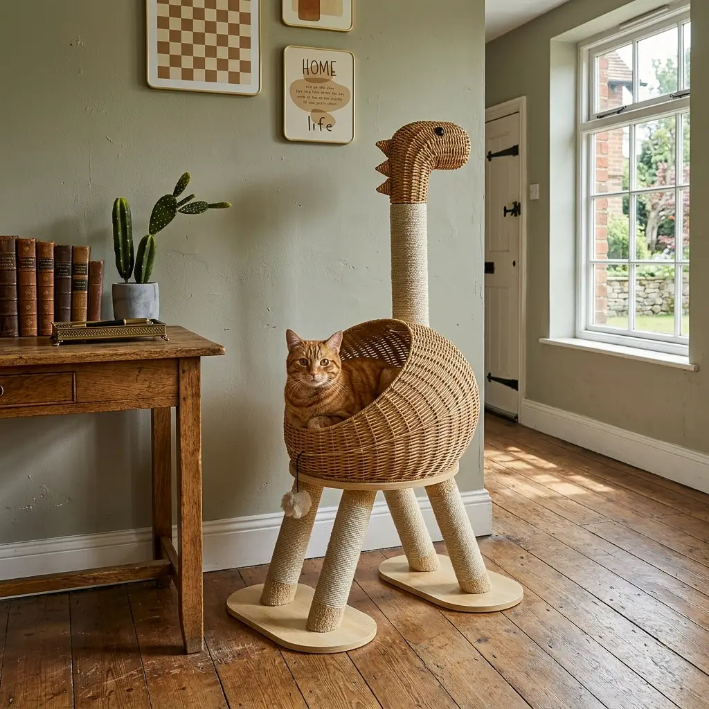 arbre à chat design en osier dans un salon avec chat installé dans le panier