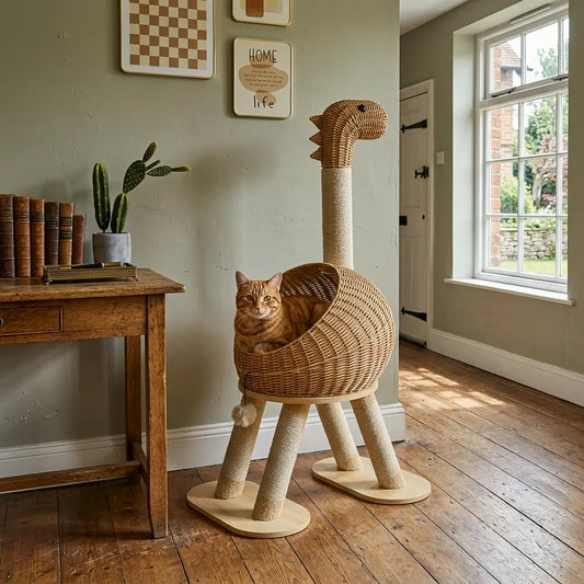arbre à chat design en osier dans un salon avec chat installé dans le panier