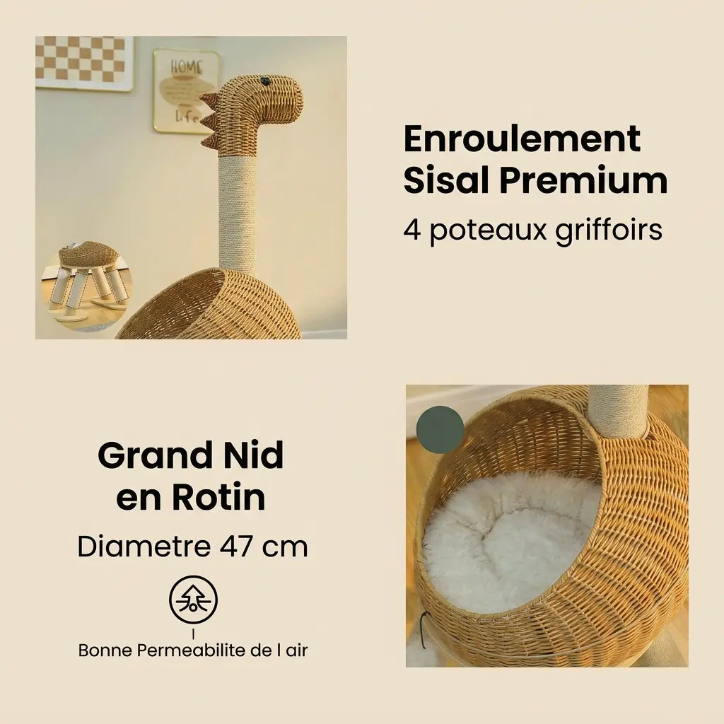 arbre à chat design en osier avec griffoirs en sisal et nid en rotin confortable