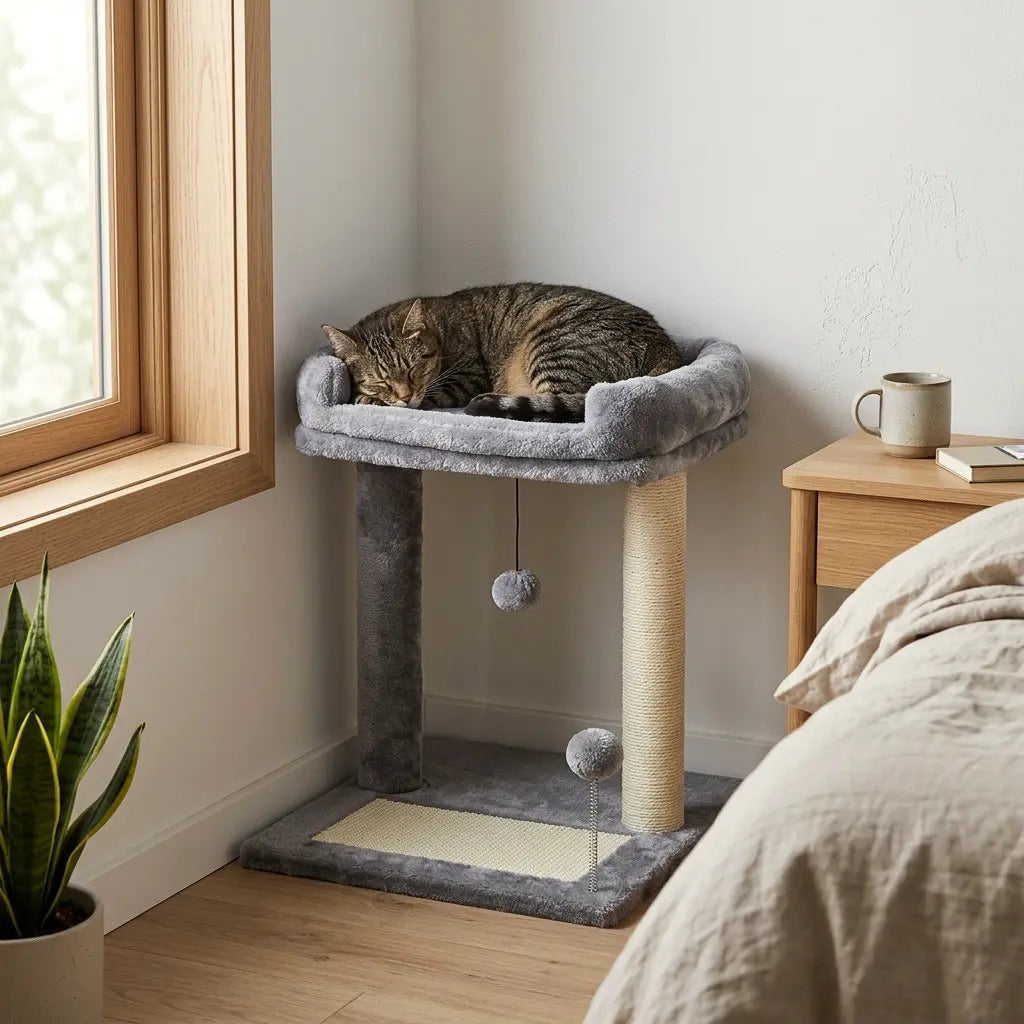 Arbre à chat en promotion avec plateforme rembourrée et chat confortablement installé
