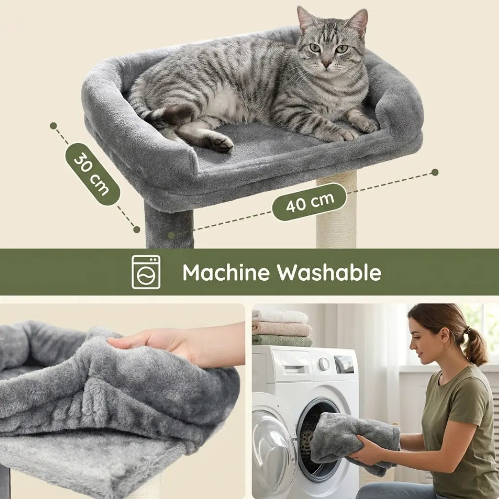 Arbre à chat en promotion avec coussin lavable en machine et couchage moelleux