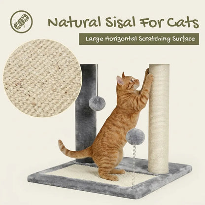 Arbre à chat en promotion gris avec poteau griffoir en sisal, tapis de griffage et jouets suspendus