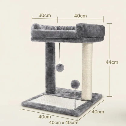 Arbre à chat en promotion gris avec couchage surélevé, griffoir en sisal et dimensions 40 x 40 cm