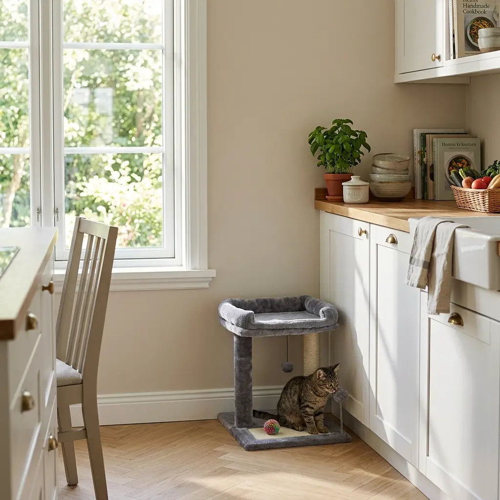 Arbre à chat en promotion gris compact avec couchage surélevé et griffoir en sisal