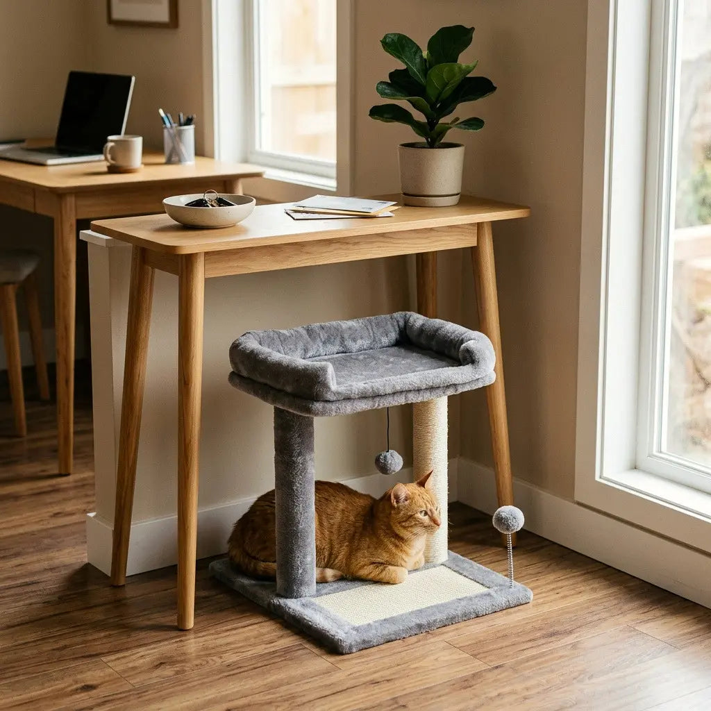 Arbre à chat en promotion gain de place installé sous un bureau dans un intérieur moderne