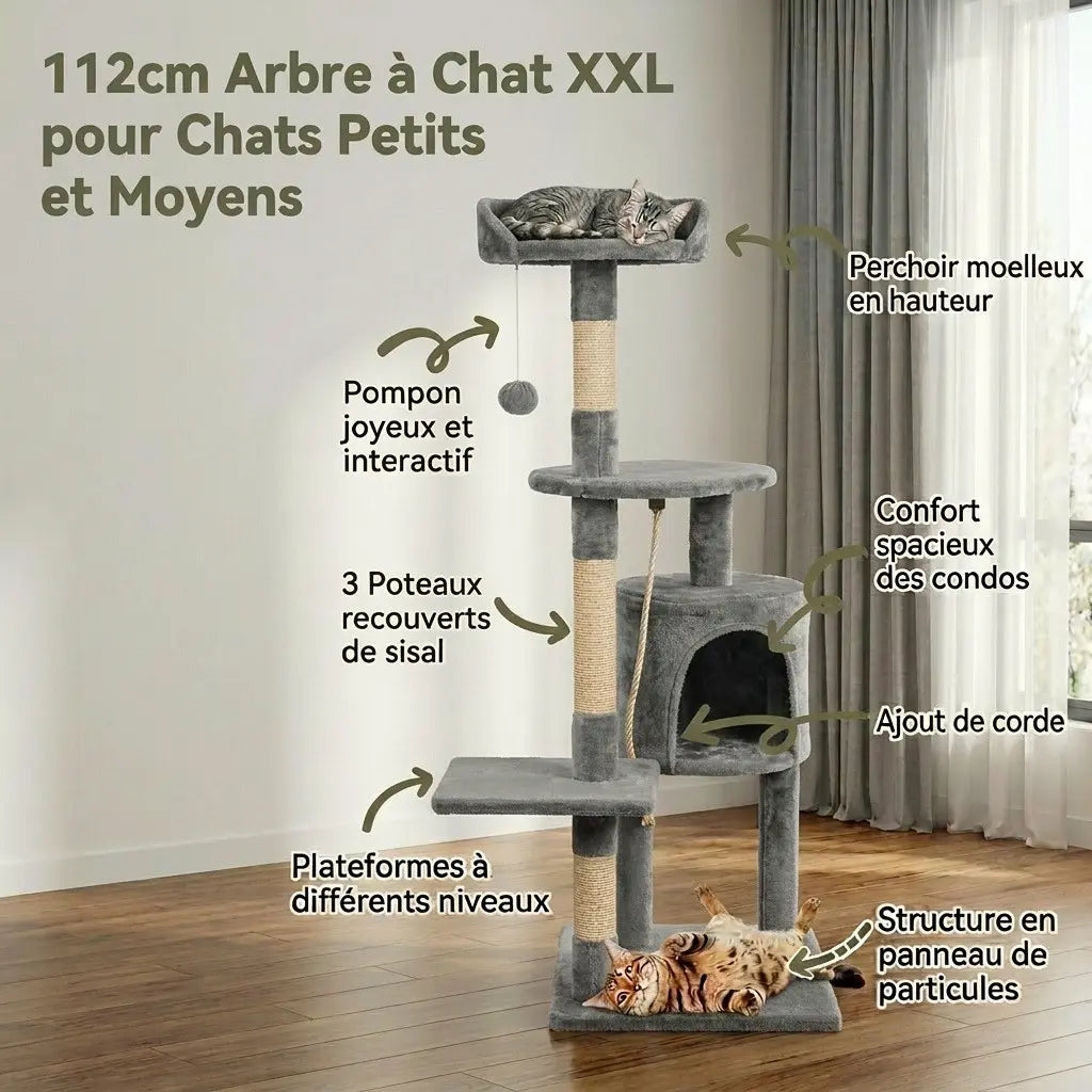Arbre à chat en solde de 112 cm avec niche, plateformes multi niveaux, corde de jeu et perchoir en hauteur