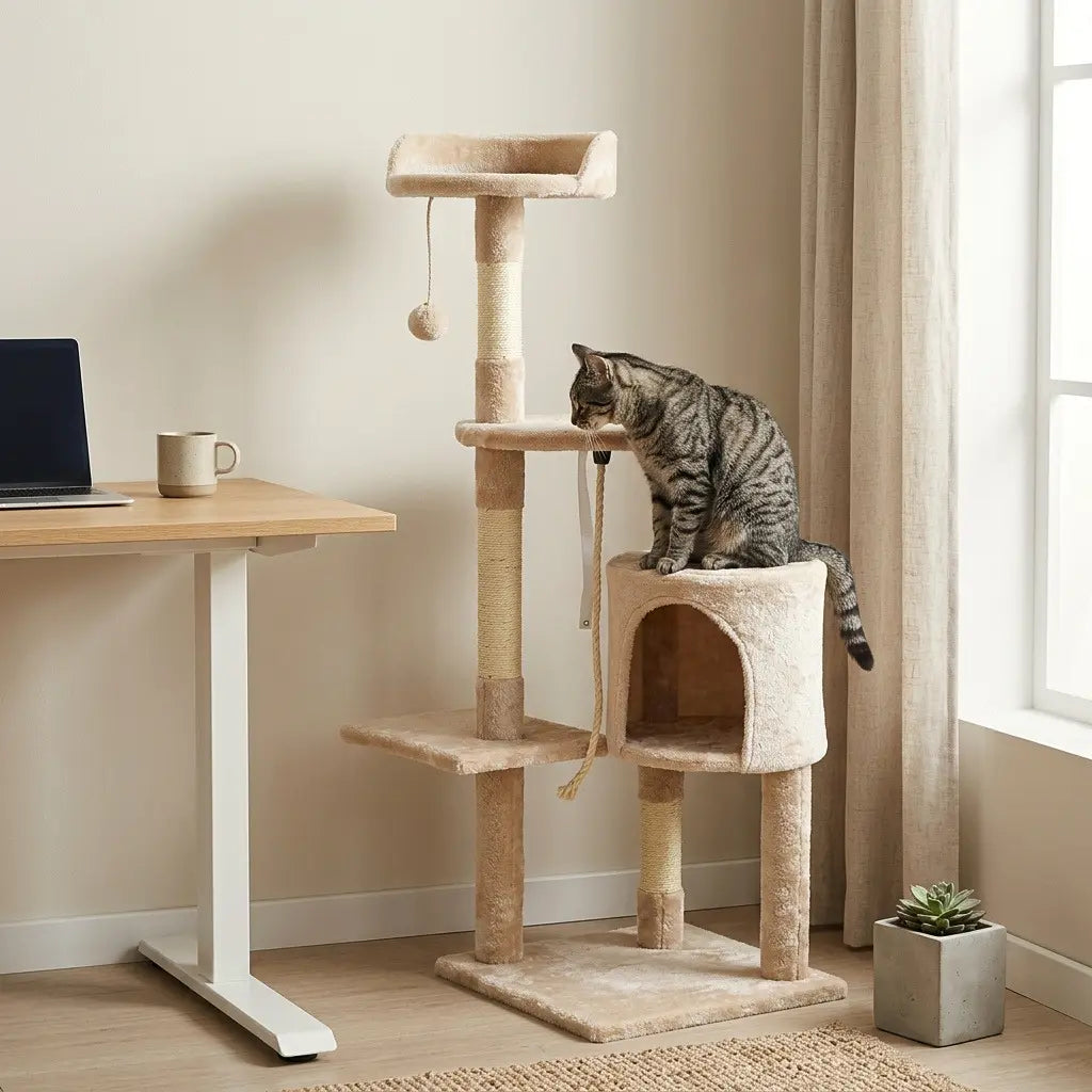 Arbre à chat en solde beige installé près d’un bureau avec niche de repos et plateforme d’observation