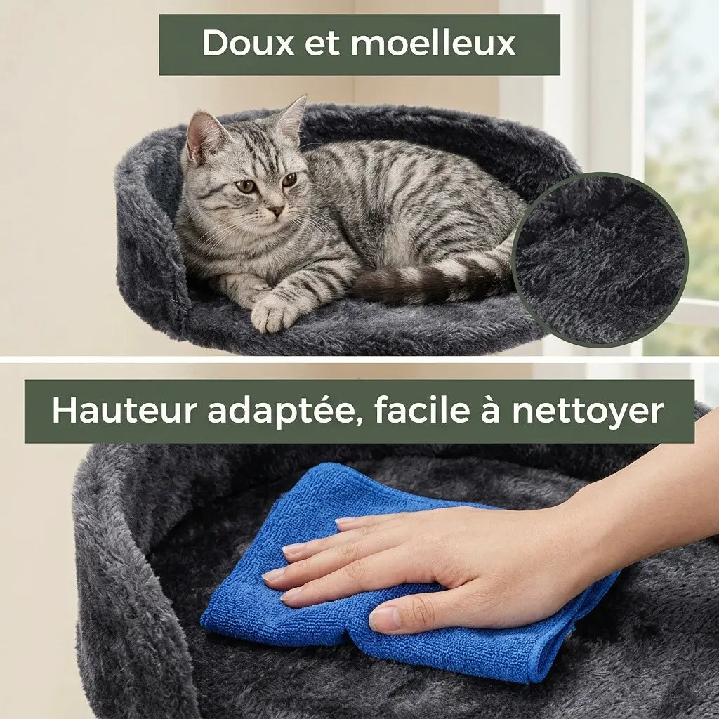 Arbre à chat en solde avec couchage moelleux et surface facile à nettoyer pour un confort optimal