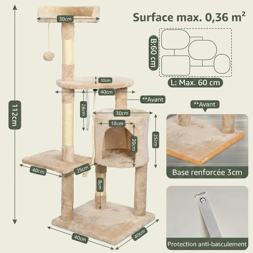 Arbre à chat en solde de 112 cm beige avec niche confortable, plateforme de repos et protection anti-basculement