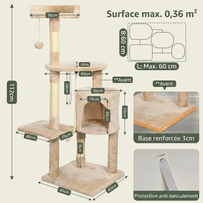 Arbre à chat en solde de 112 cm beige avec niche confortable, plateforme de repos et protection anti-basculement