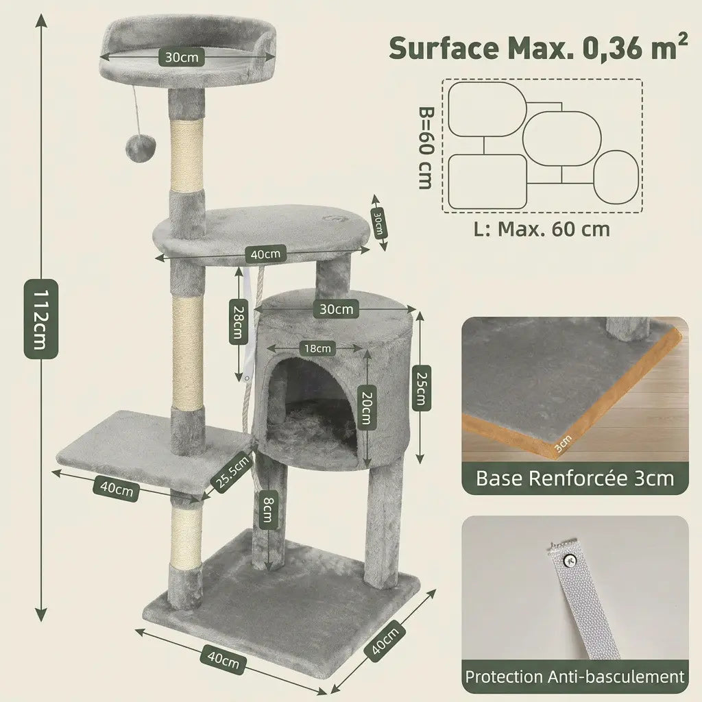 Arbre à chat en solde gris clair de 112 cm avec plateforme panoramique, niche de repos et base renforcée