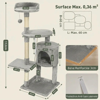 Arbre à chat en solde gris clair de 112 cm avec plateforme panoramique, niche de repos et base renforcée