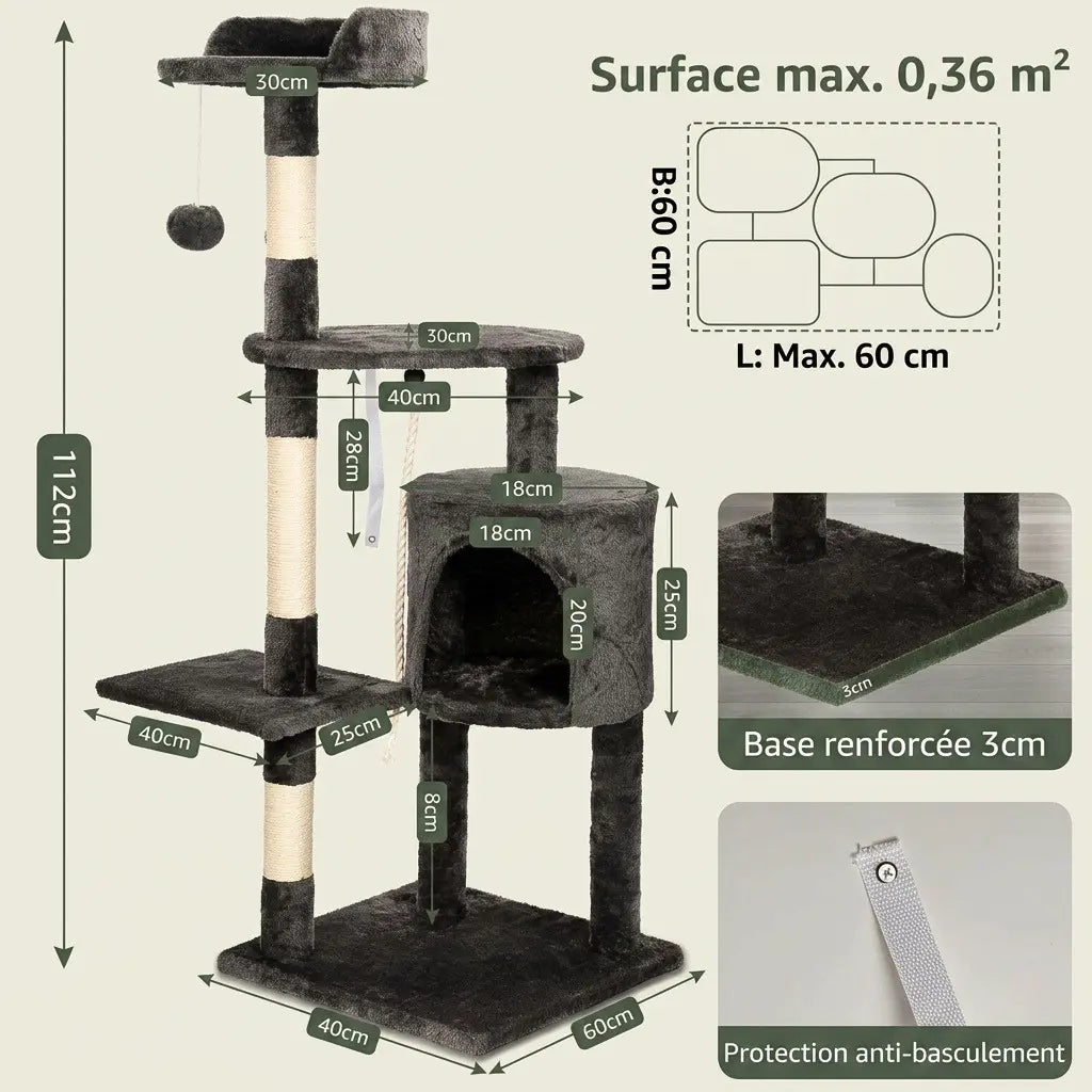 Arbre à chat en solde noir de 112 cm avec niche douillette, griffoirs en sisal et structure stable