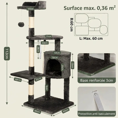 Arbre à chat en solde noir de 112 cm avec niche douillette, griffoirs en sisal et structure stable