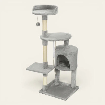 Arbre à chat en solde gris clair avec niche confortable, plateforme d’observation et poteaux en sisal