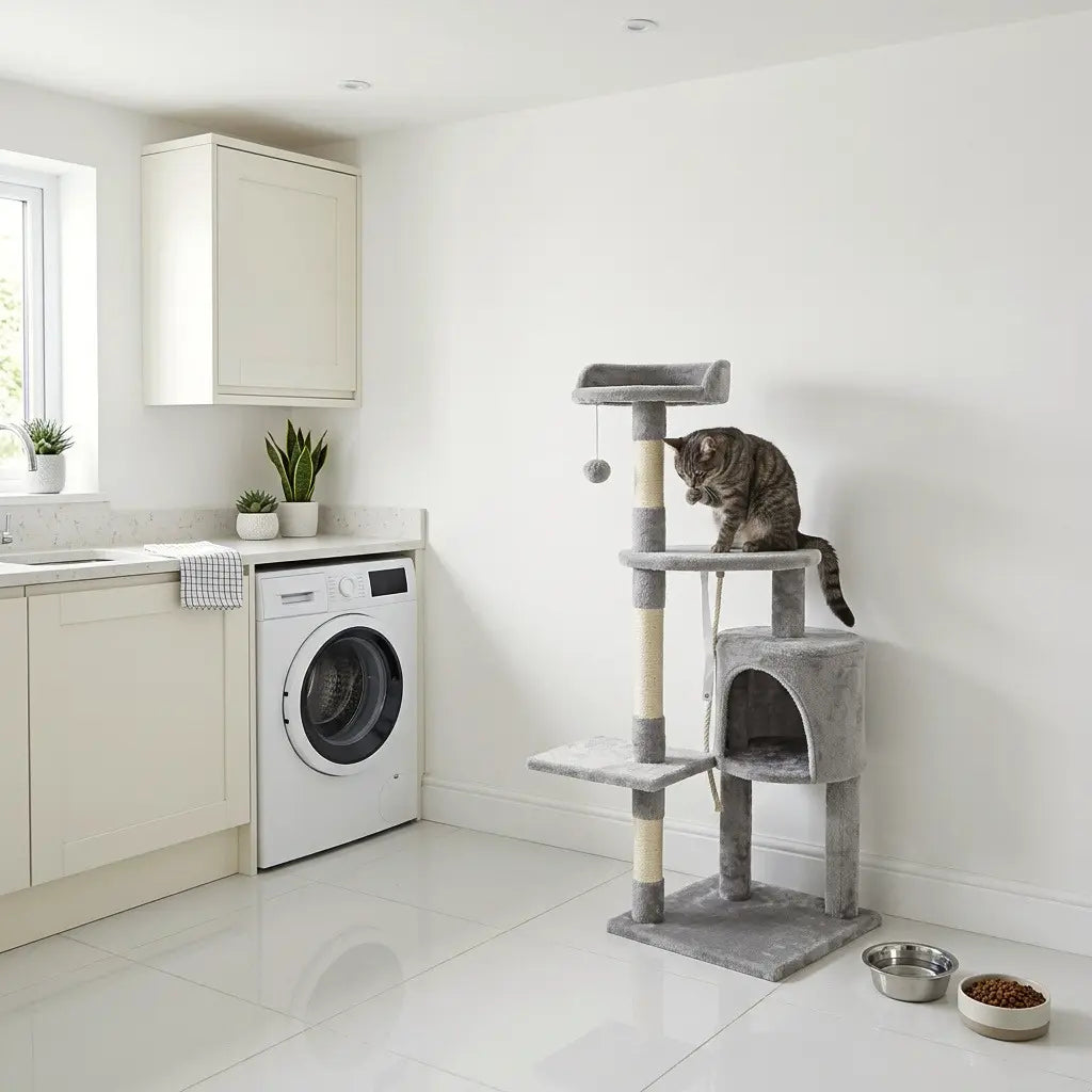 Arbre à chat en solde gris clair avec niche douillette et plateforme de repos pour chat d’intérieur