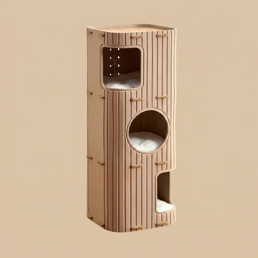 arbre à chat ultra design extérieur en bois avec double niche et couchage confortable