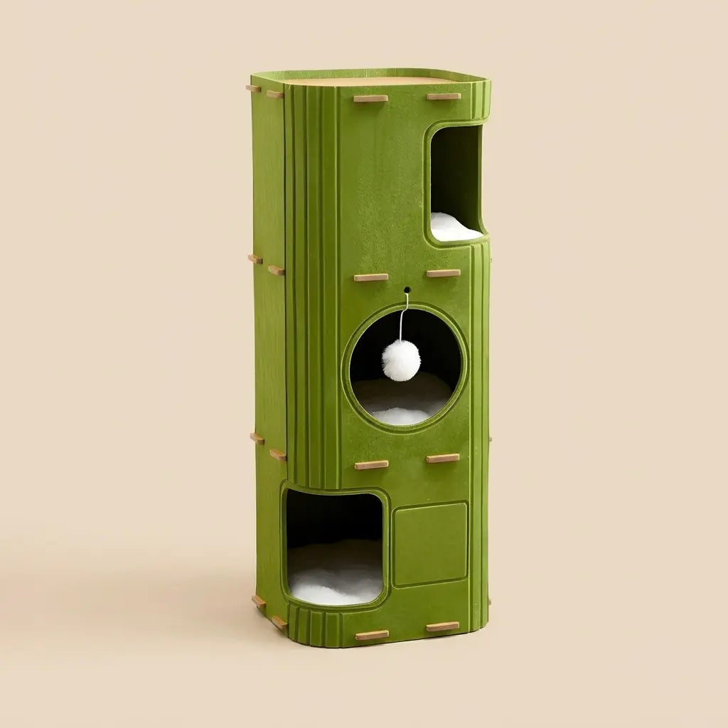 arbre à chat ultra design extérieur colonne verticale avec plusieurs espaces pour chat