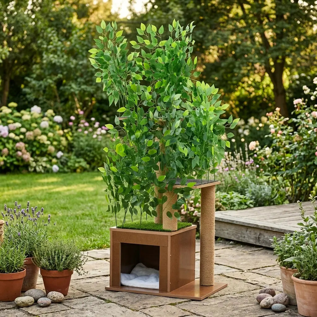 Arbre à chat extérieur design avec feuillage artificiel et espace de repos élégant pour le bien-être du chat.