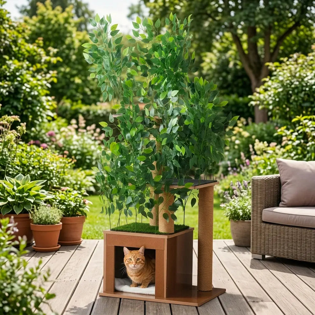 Arbre à chat extérieur avec plante artificielle et niche cosy pour créer un espace apaisant sur une terrasse.