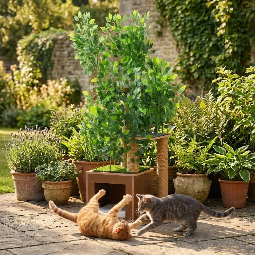 Arbre à chat extérieur avec plante artificielle offrant un espace de jeu élégant et naturel pour chats au jardin.
